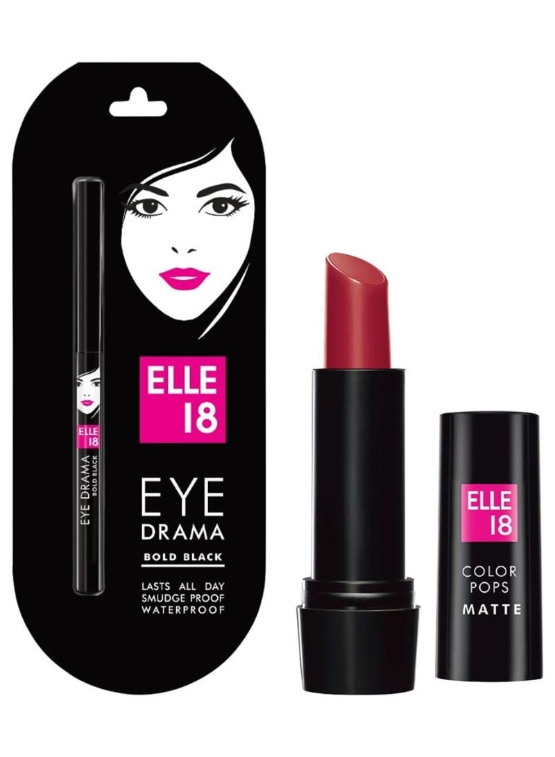 إل 18 أحمر شفاه Elle 18 Color Pop بلمسة نهائية مطفية، R33، كود ريد، 4.3 غرام، وكحل Eye Drama، أسود فاحم، مقاوم للتلطخ والماء، 0.35 غرام - Image 1